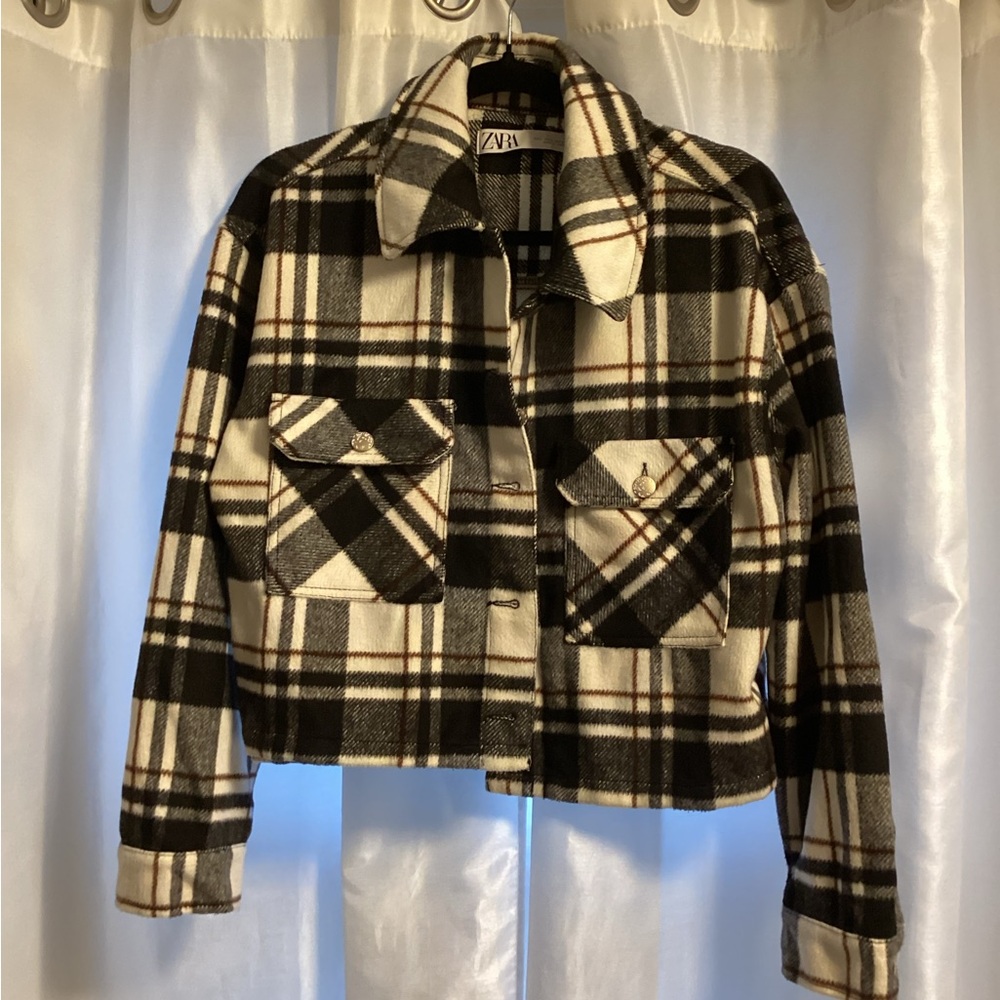 Zara Black and Cream Plaid Utility Jacket